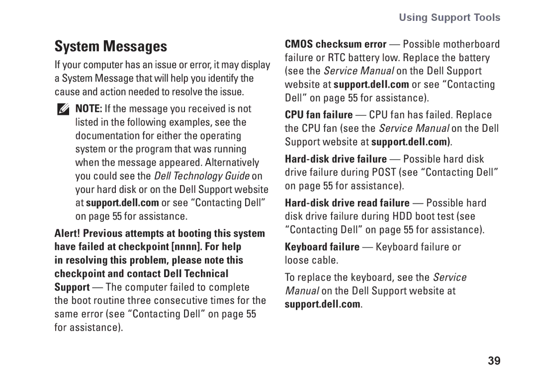 Dell 0C547MA00, PP40L setup guide System Messages, Keyboard failure Keyboard failure or loose cable 