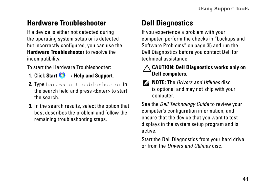 Dell PP40L, 0C547MA00 setup guide Hardware Troubleshooter, Dell Diagnostics, Click Start → Help and Support 