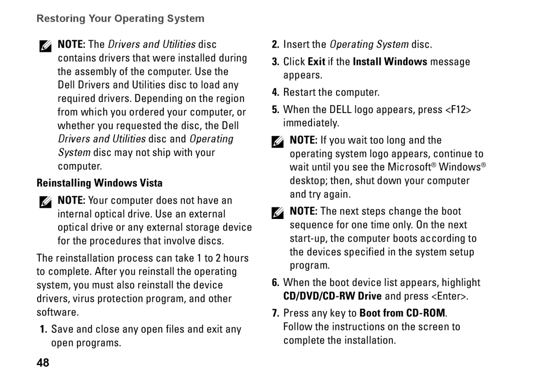 Dell 0C547MA00, PP40L setup guide Reinstalling Windows Vista, Click Exit if the Install Windows message appears 