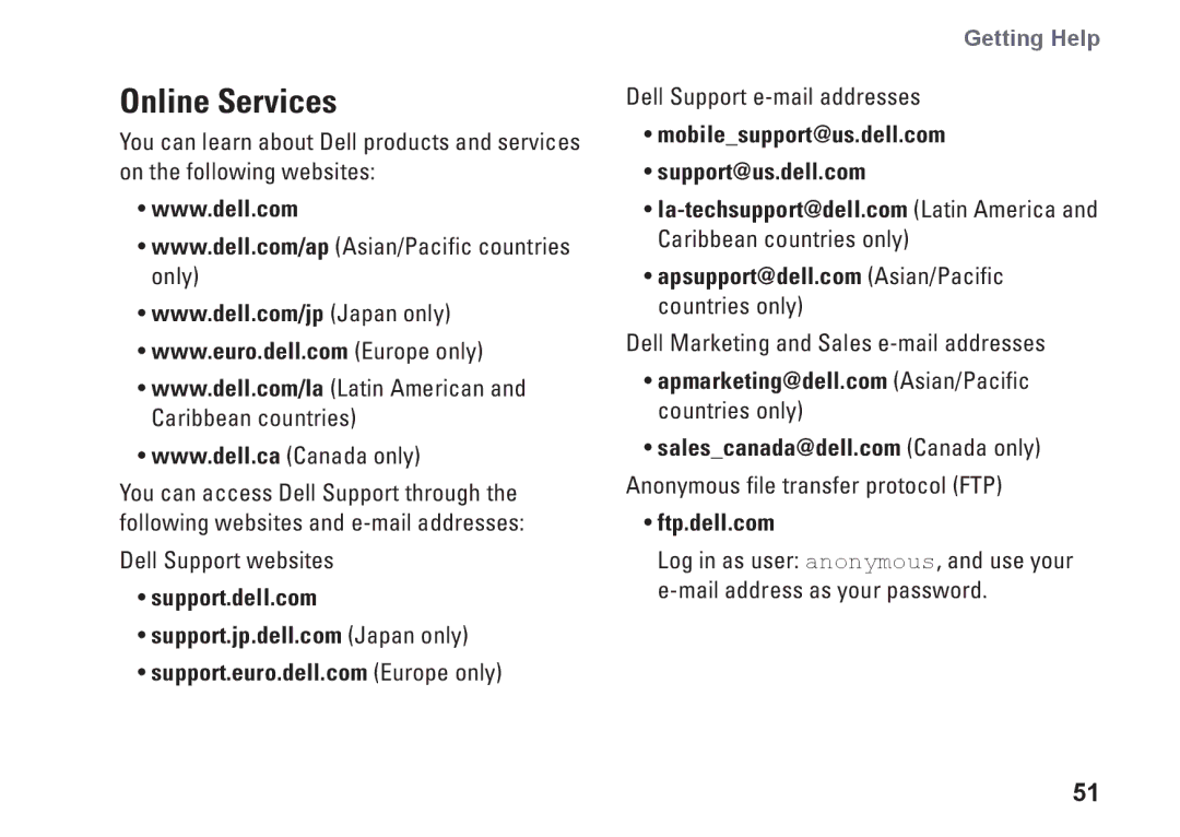 Dell 0C547MA00, PP40L Online Services, Support.dell.com, Mobilesupport@us.dell.com Support@us.dell.com, Ftp.dell.com 