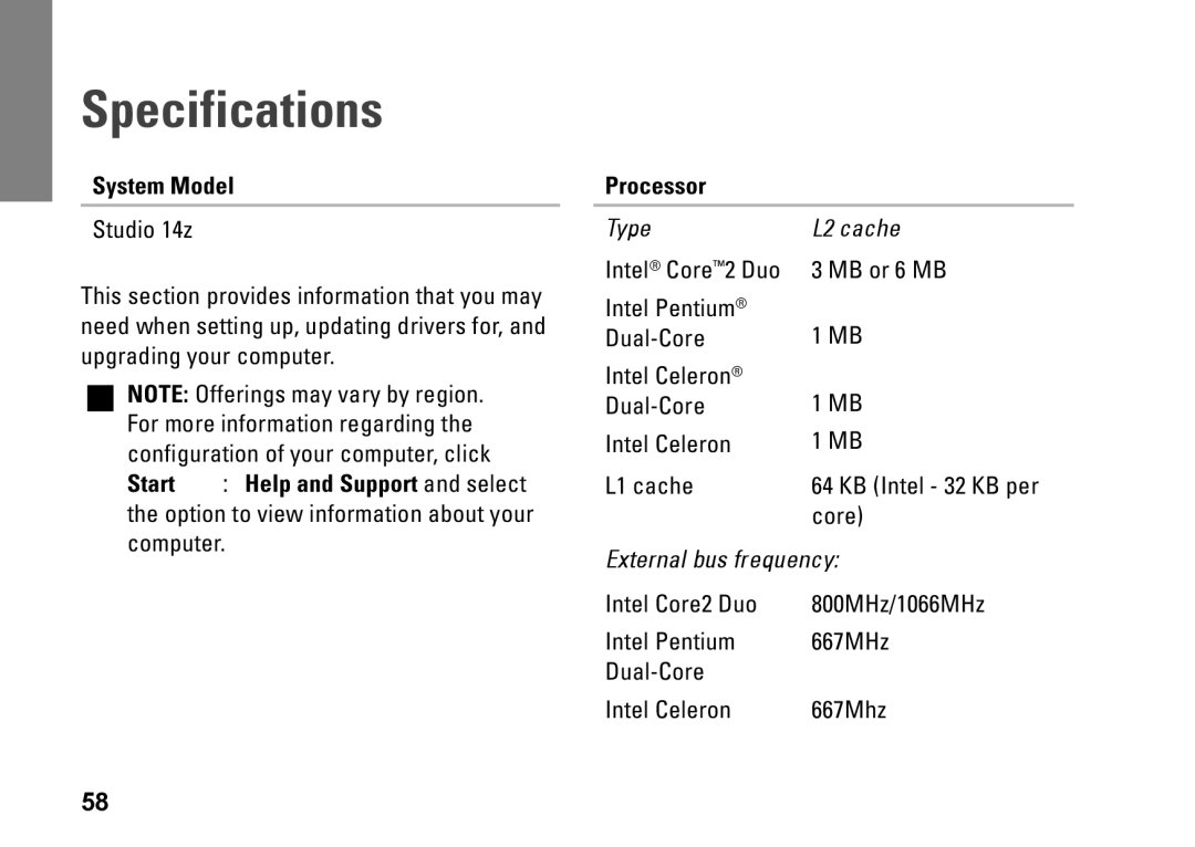 Dell PP40L, 0C547MA00 setup guide Specifications, System Model Processor 