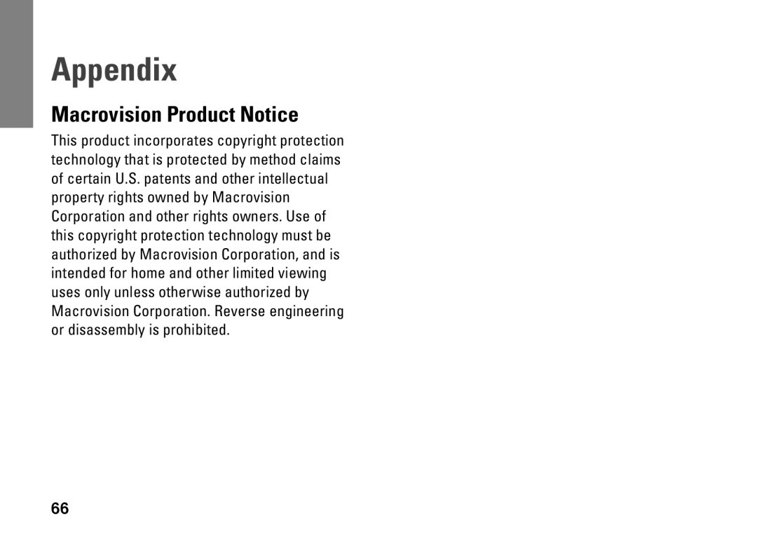 Dell 0C547MA00, PP40L setup guide Appendix, Macrovision Product Notice 