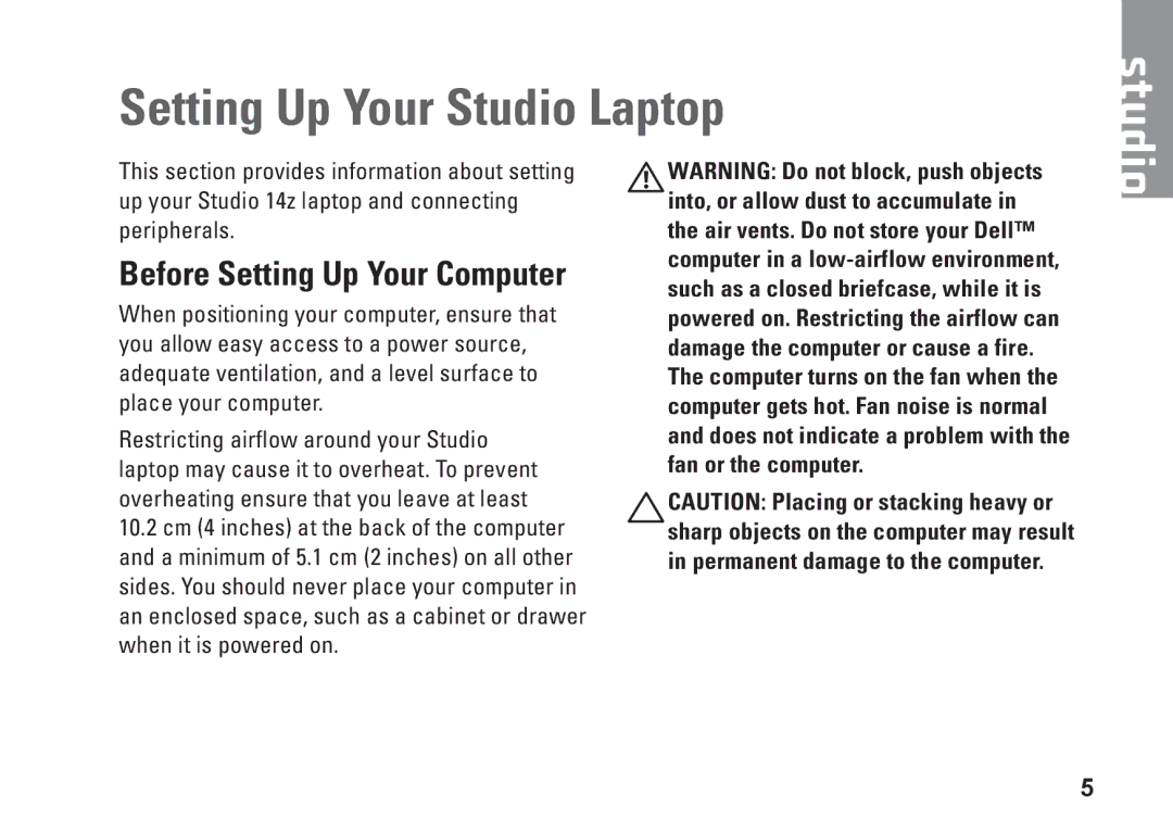 Dell PP40L, 0C547MA00 setup guide Setting Up Your Studio Laptop, Before Setting Up Your Computer 