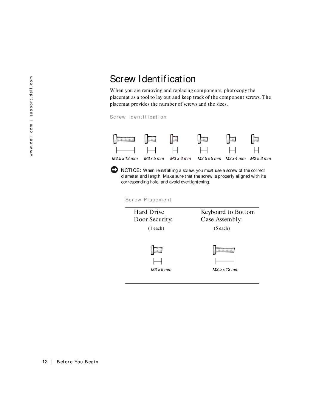 Dell C600 service manual Screw Identification, R e w I d e n t i f i c a t i o n R e w P l a c e m e n t 