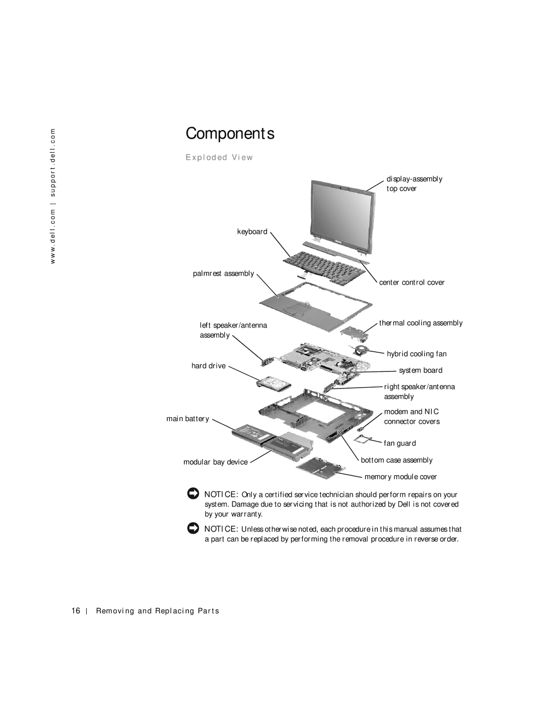 Dell C600 service manual Components, P l o d e d V i e w 