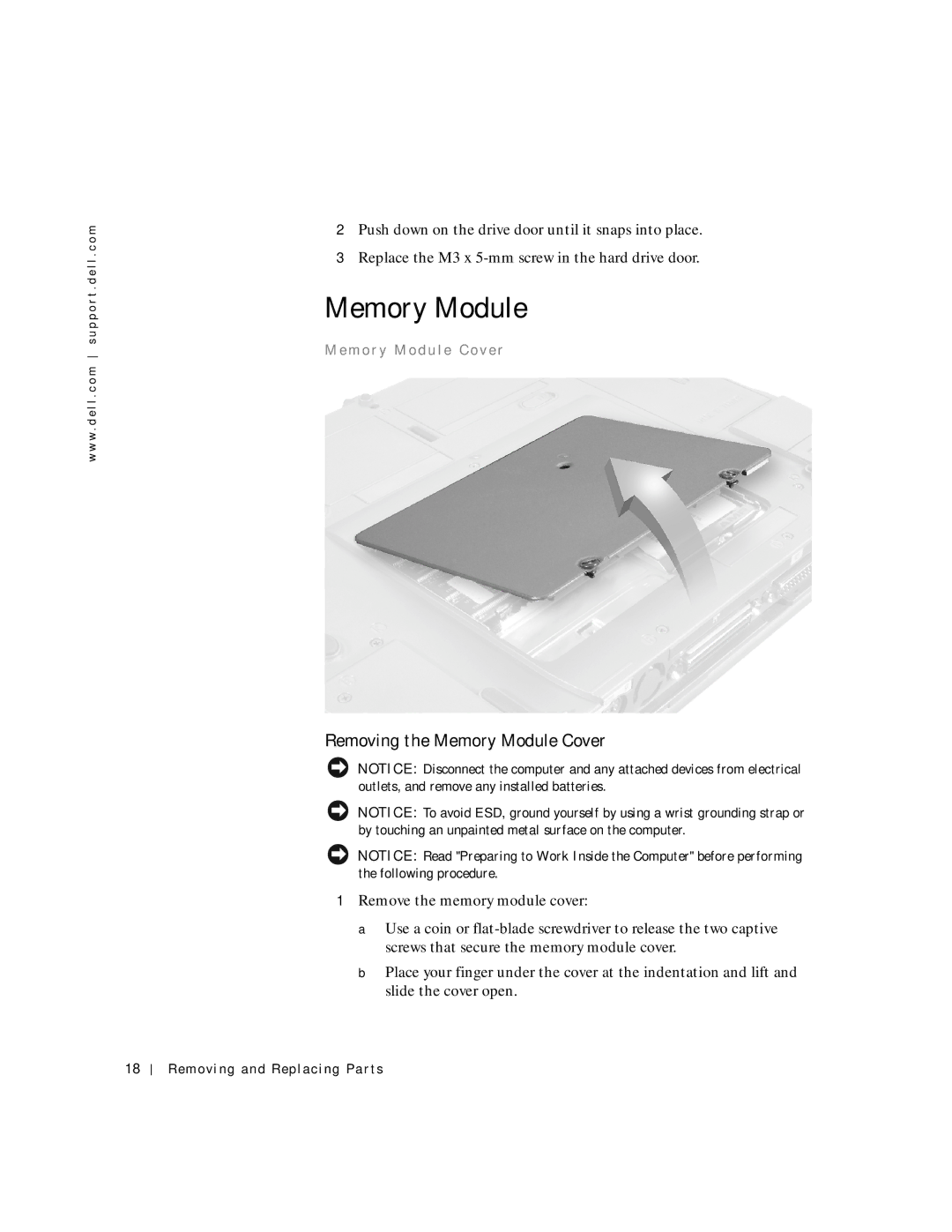 Dell C600 service manual Removing the Memory Module Cover, M o r y M o d u l e C o v e r 