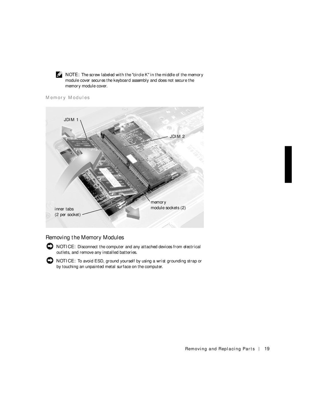 Dell C600 service manual Removing the Memory Modules, M o r y M o d u l e s 