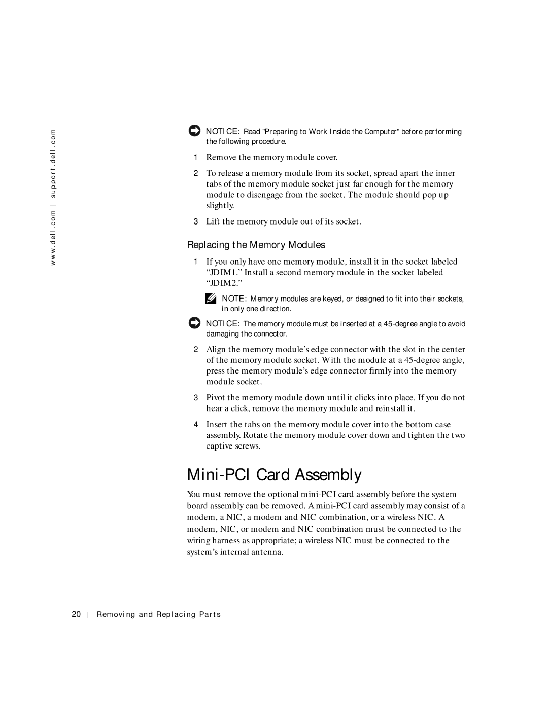 Dell C600 service manual Mini-PCI Card Assembly, Replacing the Memory Modules 