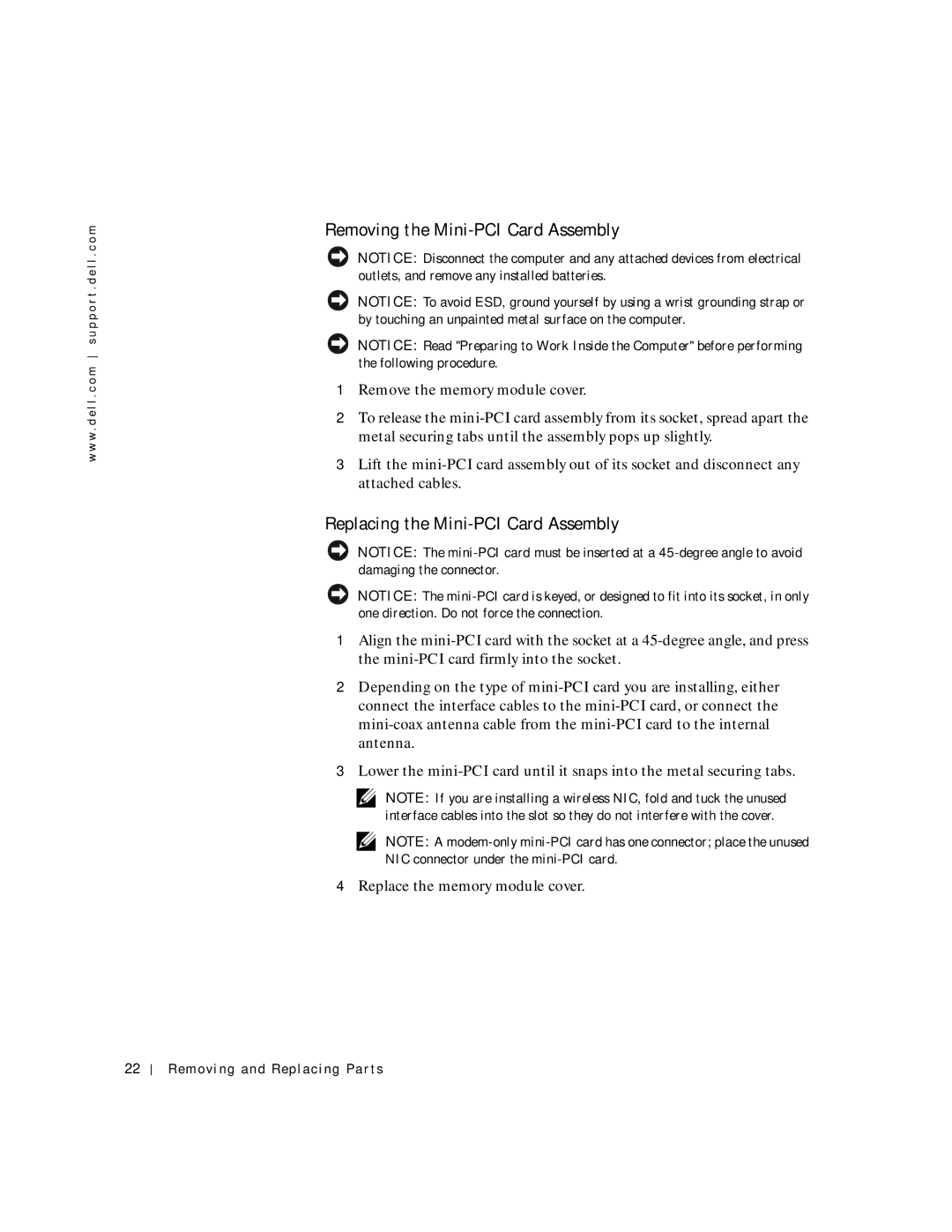 Dell C600 service manual Removing the Mini-PCI Card Assembly, Replacing the Mini-PCI Card Assembly 