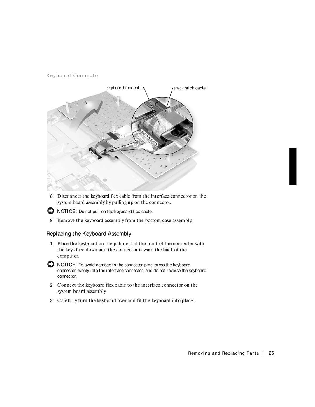 Dell C600 service manual Replacing the Keyboard Assembly, Ke y b o a r d C o n n e c t o r 