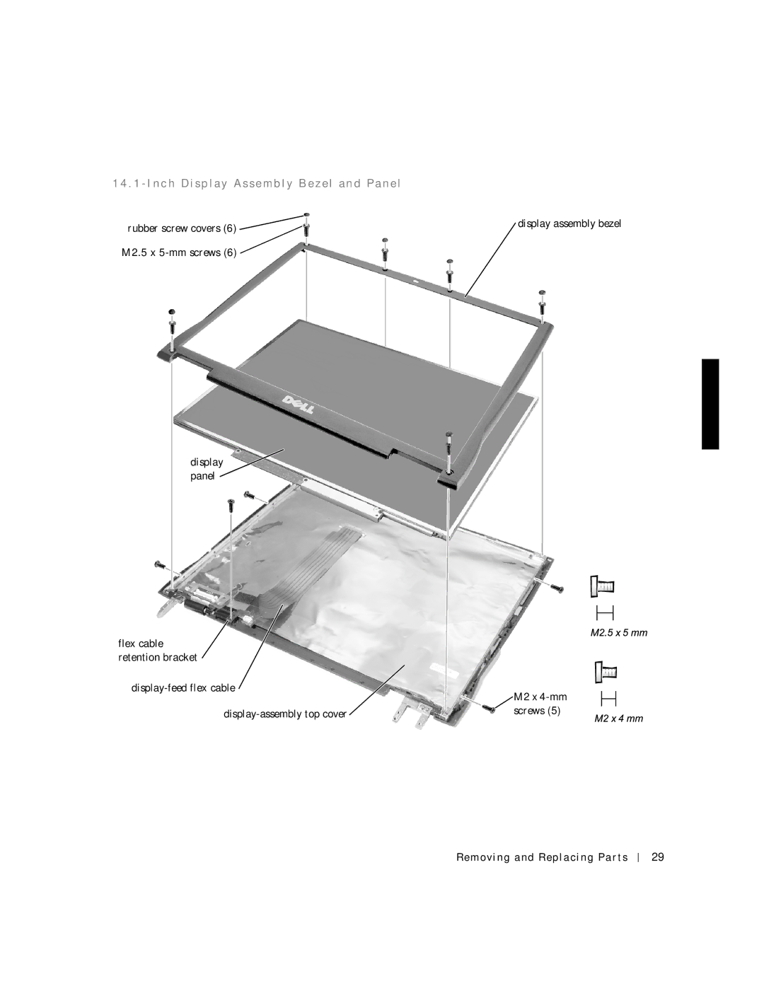 Dell C600 service manual N c h D i s p l a y a s s e m b l y B e z e l a n d Pa n e l 