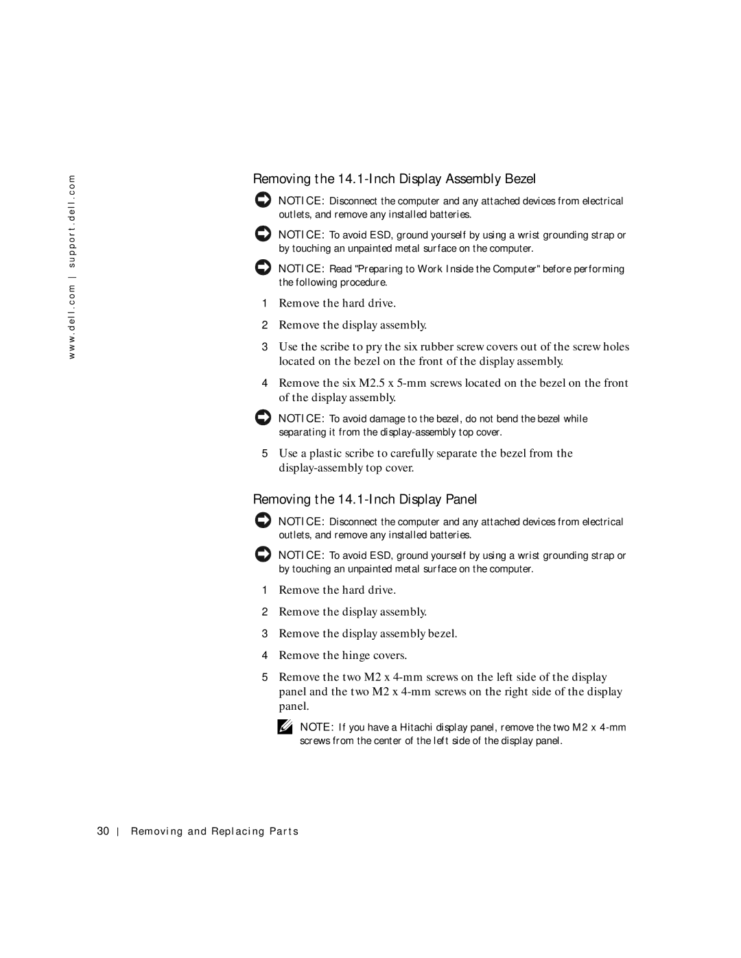 Dell C600 service manual Removing the 14.1-Inch Display Assembly Bezel, Removing the 14.1-Inch Display Panel 