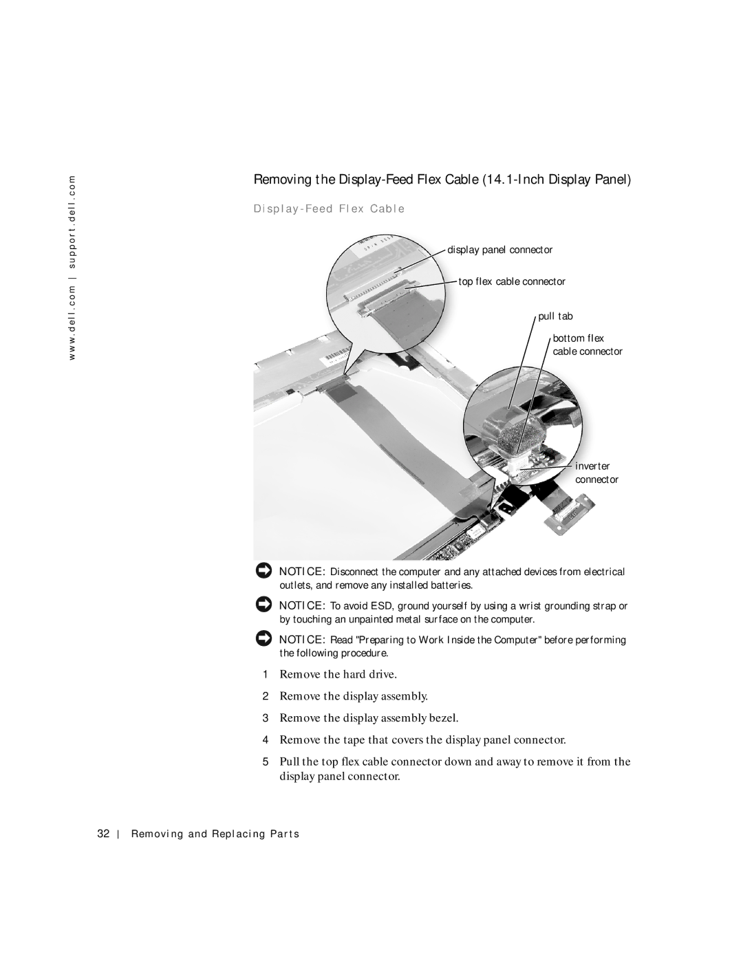 Dell C600 service manual Removing the Display-Feed Flex Cable 14.1-Inch Display Panel, S p l a y Fe e d F l ex C a b l e 