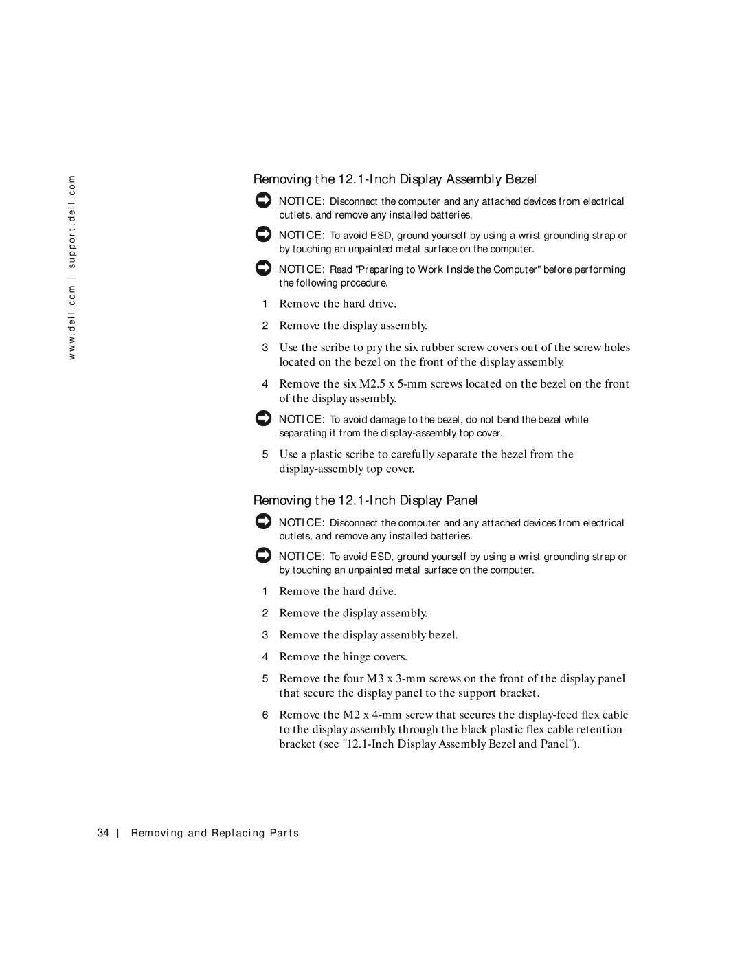 Dell C600 service manual Removing the 12.1-Inch Display Assembly Bezel, Removing the 12.1-Inch Display Panel 