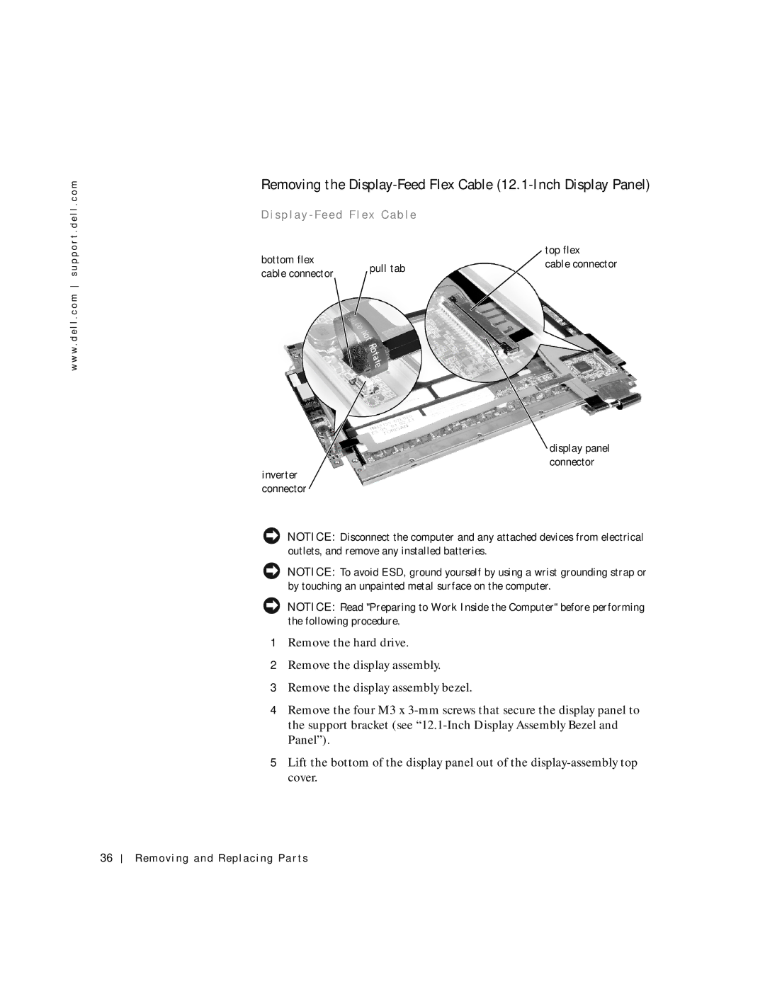 Dell C600 service manual Removing the Display-Feed Flex Cable 12.1-Inch Display Panel 