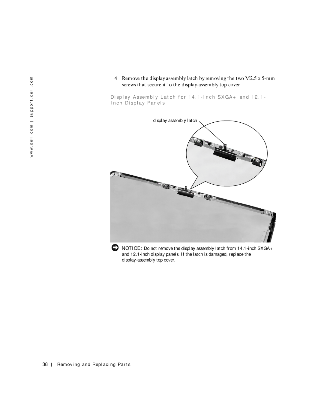 Dell C600 service manual Display assembly latch Removing and Replacing Parts 