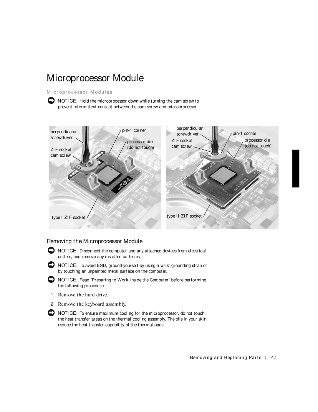 Dell C600 service manual Removing the Microprocessor Module, C r o p r o c e s s o r M o d u l e s 