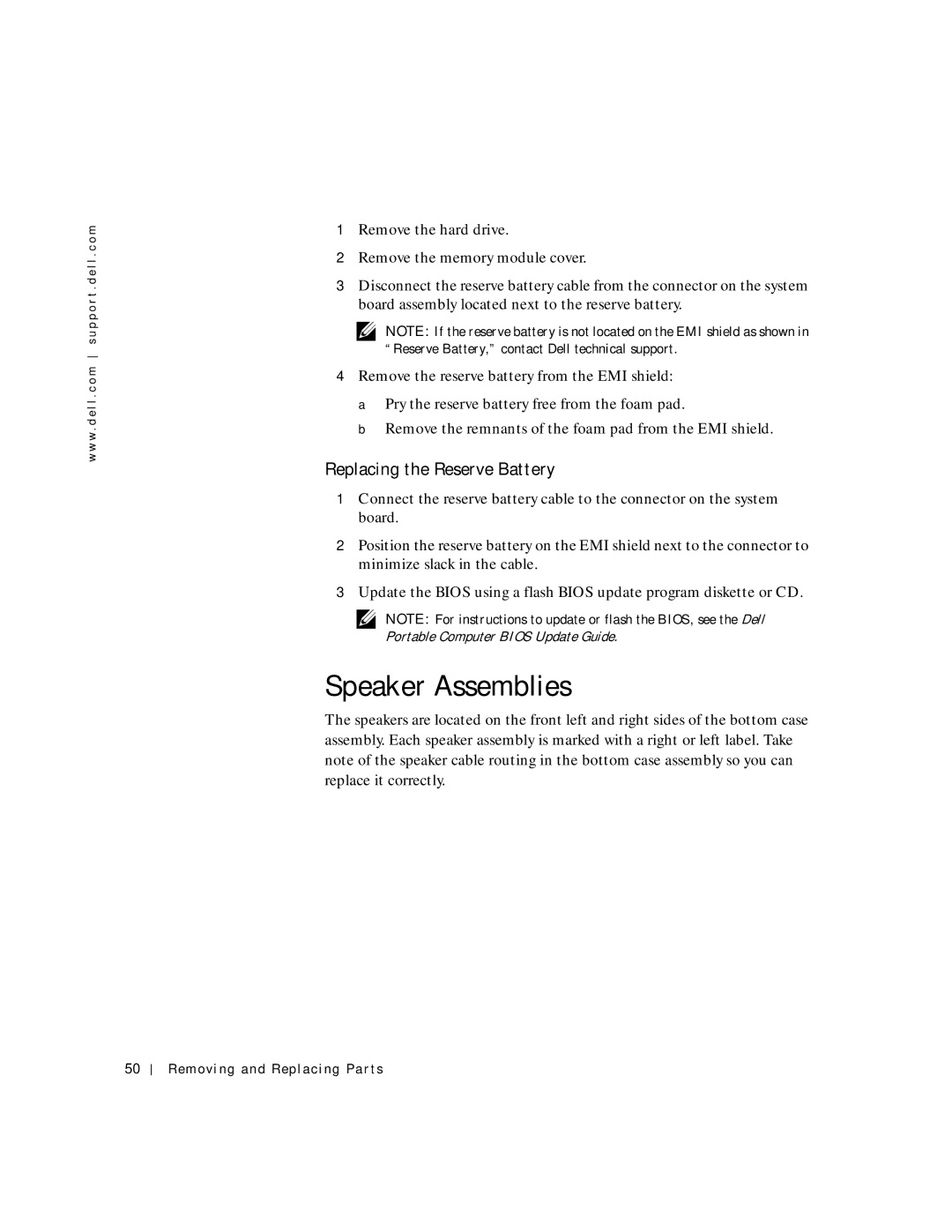 Dell C600 service manual Speaker Assemblies, Replacing the Reserve Battery 