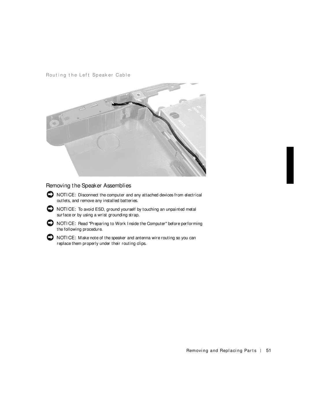 Dell C600 service manual Removing the Speaker Assemblies, Ro u t i n g t h e Le f t S p e a k e r C a b l e 