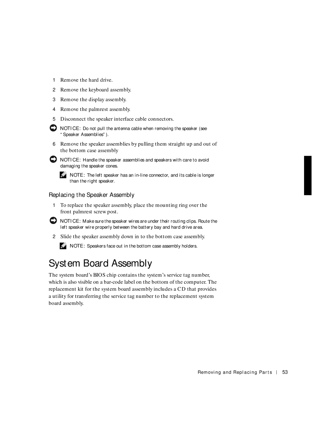 Dell C600 service manual System Board Assembly, Replacing the Speaker Assembly 