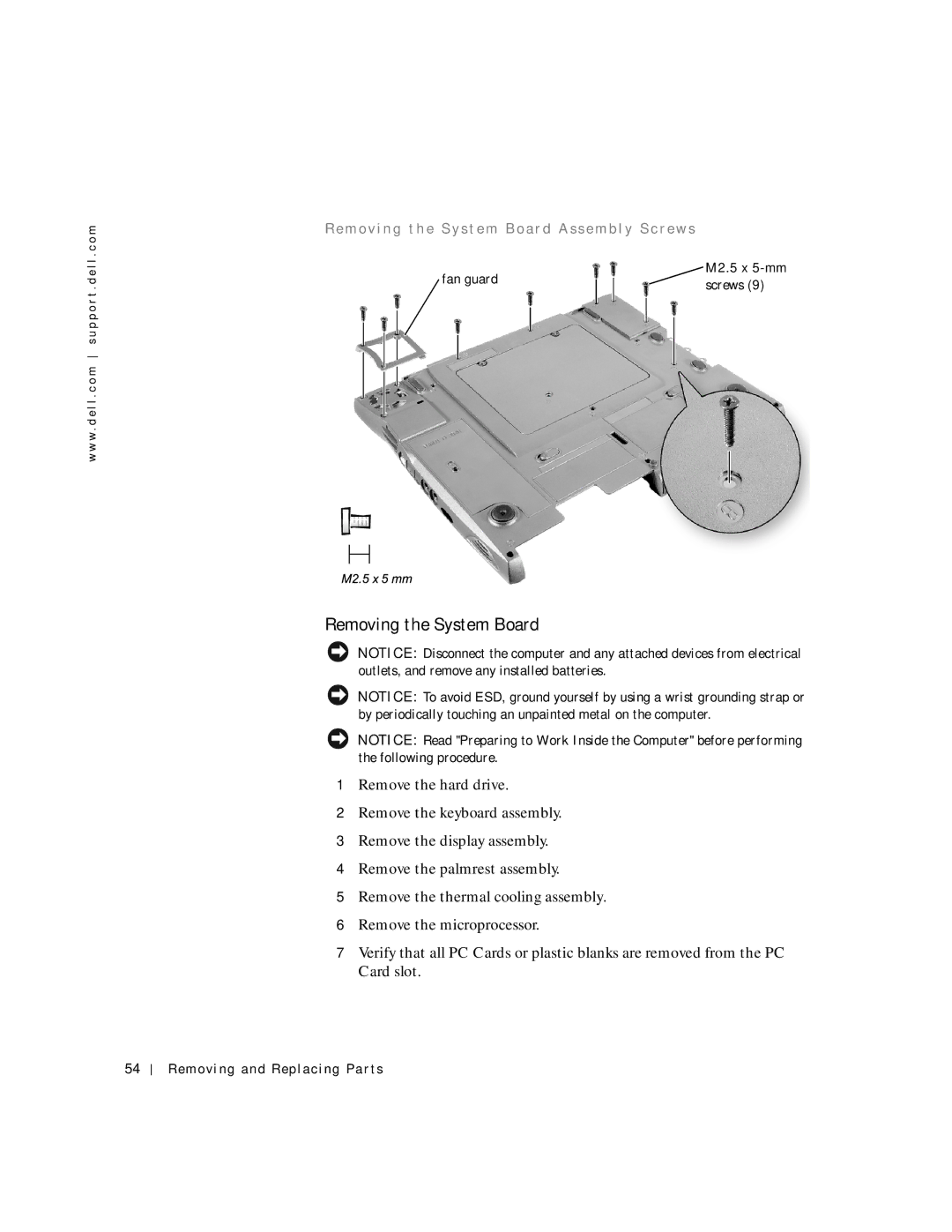 Dell C600 service manual Removing the System Board 