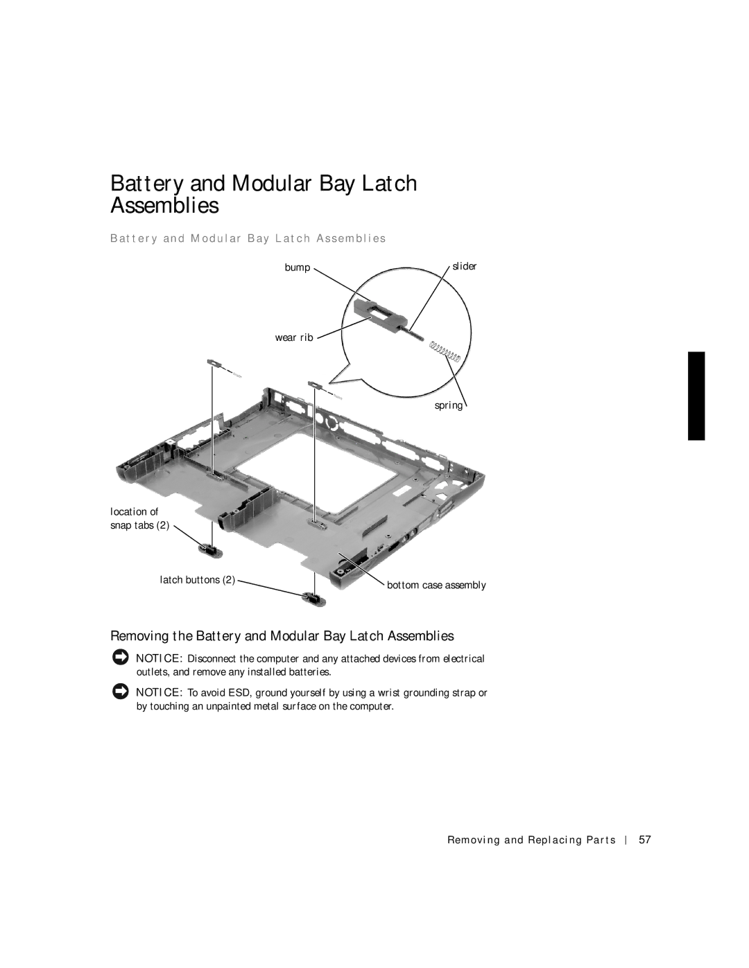 Dell C600 service manual Removing the Battery and Modular Bay Latch Assemblies, S e m b l i e s, Bump 