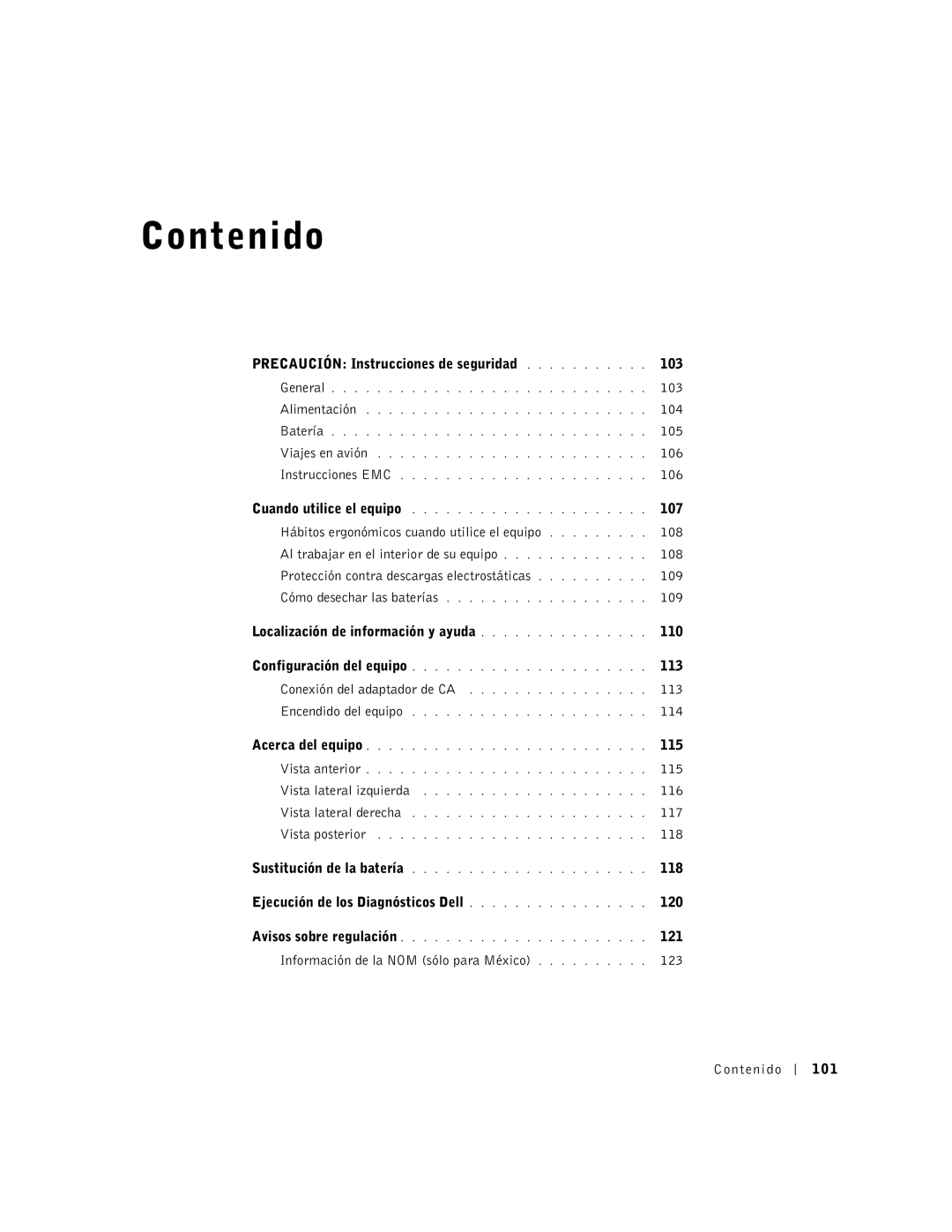 Dell C510 Precaución Instrucciones de seguridad 103, 104, 105, 106, 107, Localización de información y ayuda 110, 113, 114 