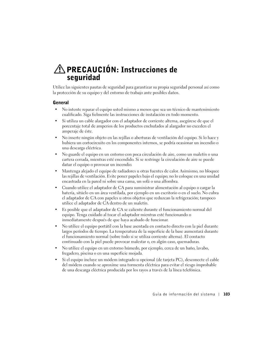 Dell C510, C610 manual Precaución Instrucciones de seguridad, Guía de información del sistema 103 