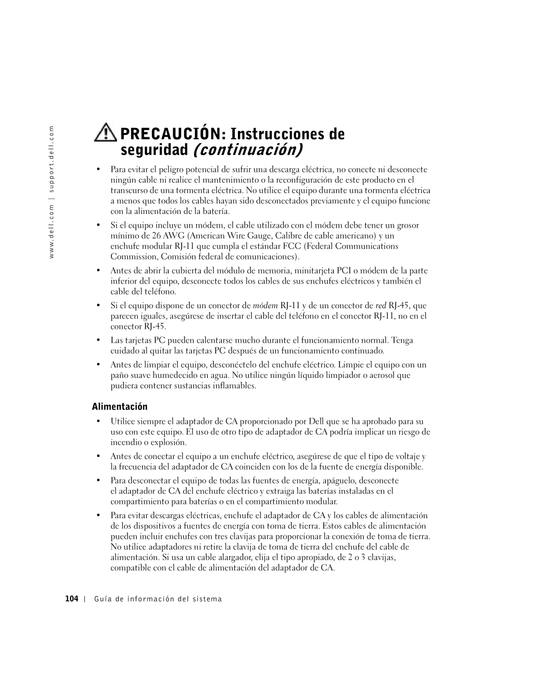 Dell C610, C510 manual Precaución Instrucciones de seguridad continuación, Alimentación, 104 Guía de información del sistema 