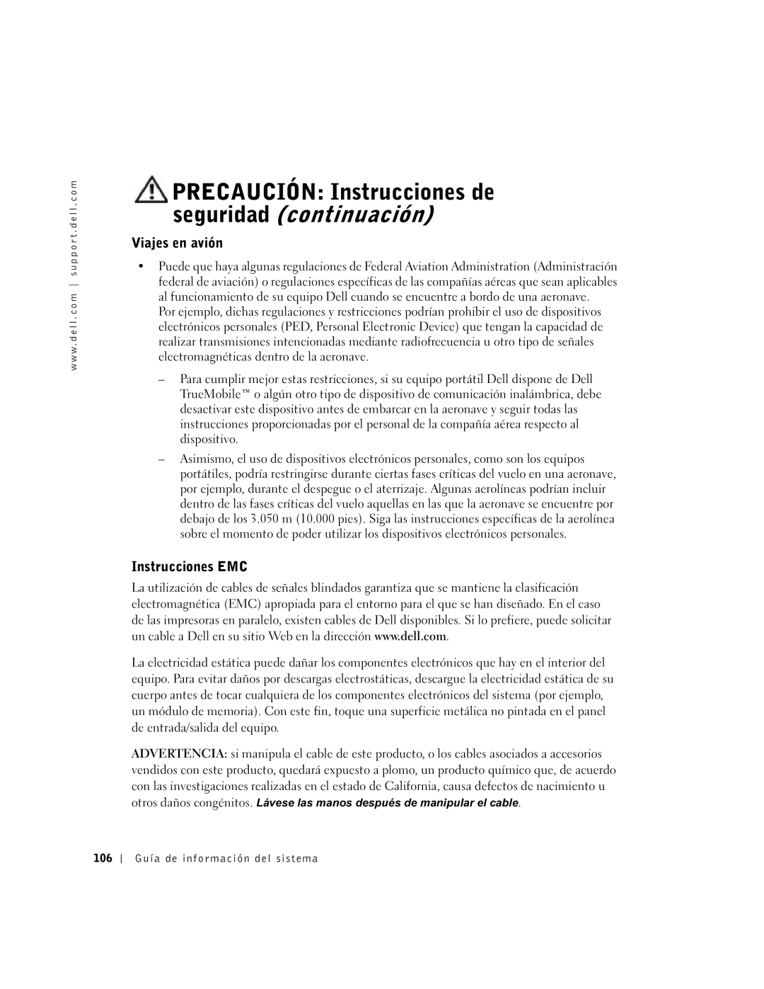 Dell C610, C510 manual Viajes en avión, Instrucciones EMC, 106 Guía de información del sistema 