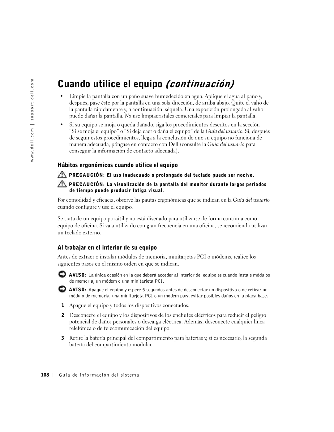 Dell C610, C510 manual Cuando utilice el equipo continuación, Hábitos ergonómicos cuando utilice el equipo 