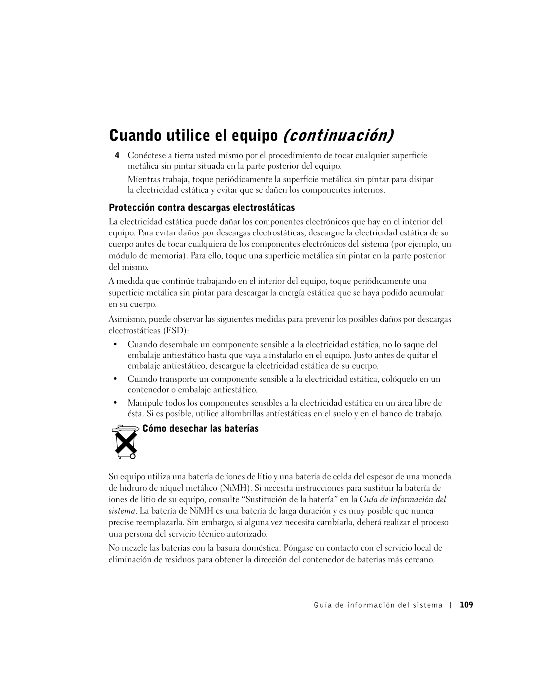 Dell C510 Protección contra descargas electrostáticas, Cómo desechar las baterías, Guía de información del sistema 109 