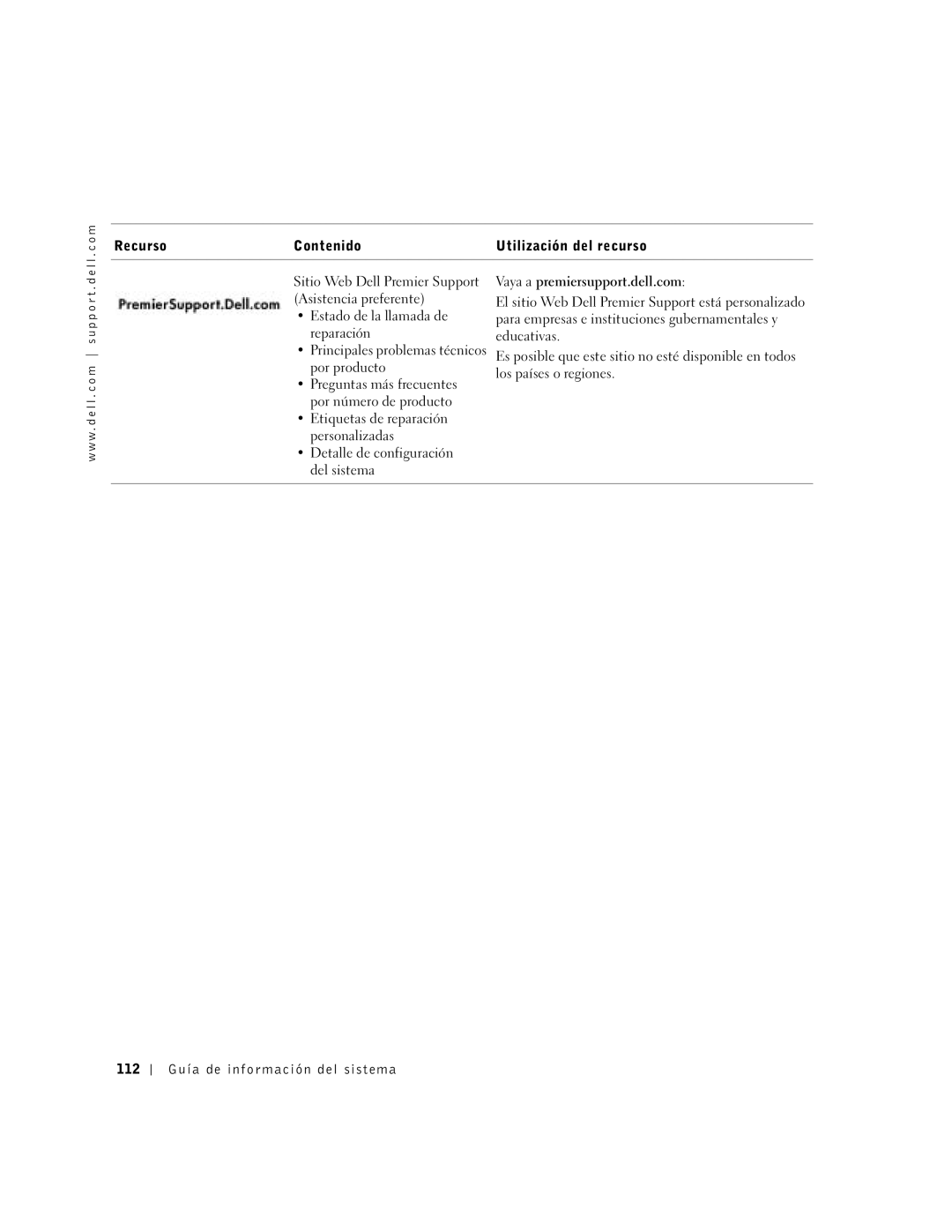 Dell C610, C510 manual Vaya a premiersupport.dell.com, 112 Guía de información del sistema 