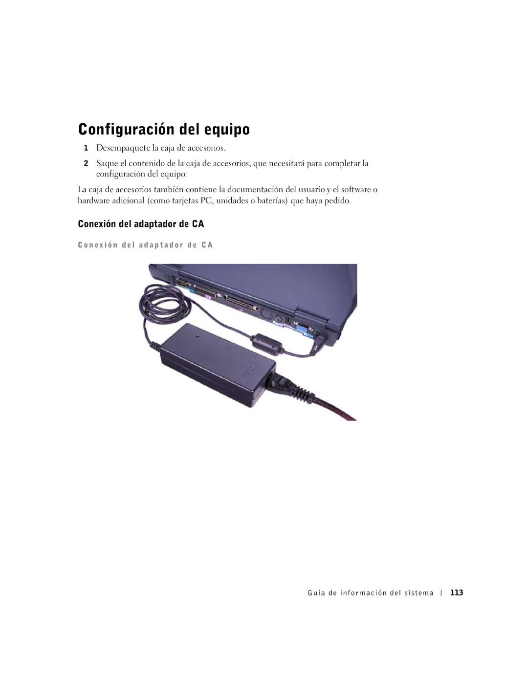 Dell C510, C610 manual Configuración del equipo, Conexión del adaptador de CA, Guía de información del sistema 113 