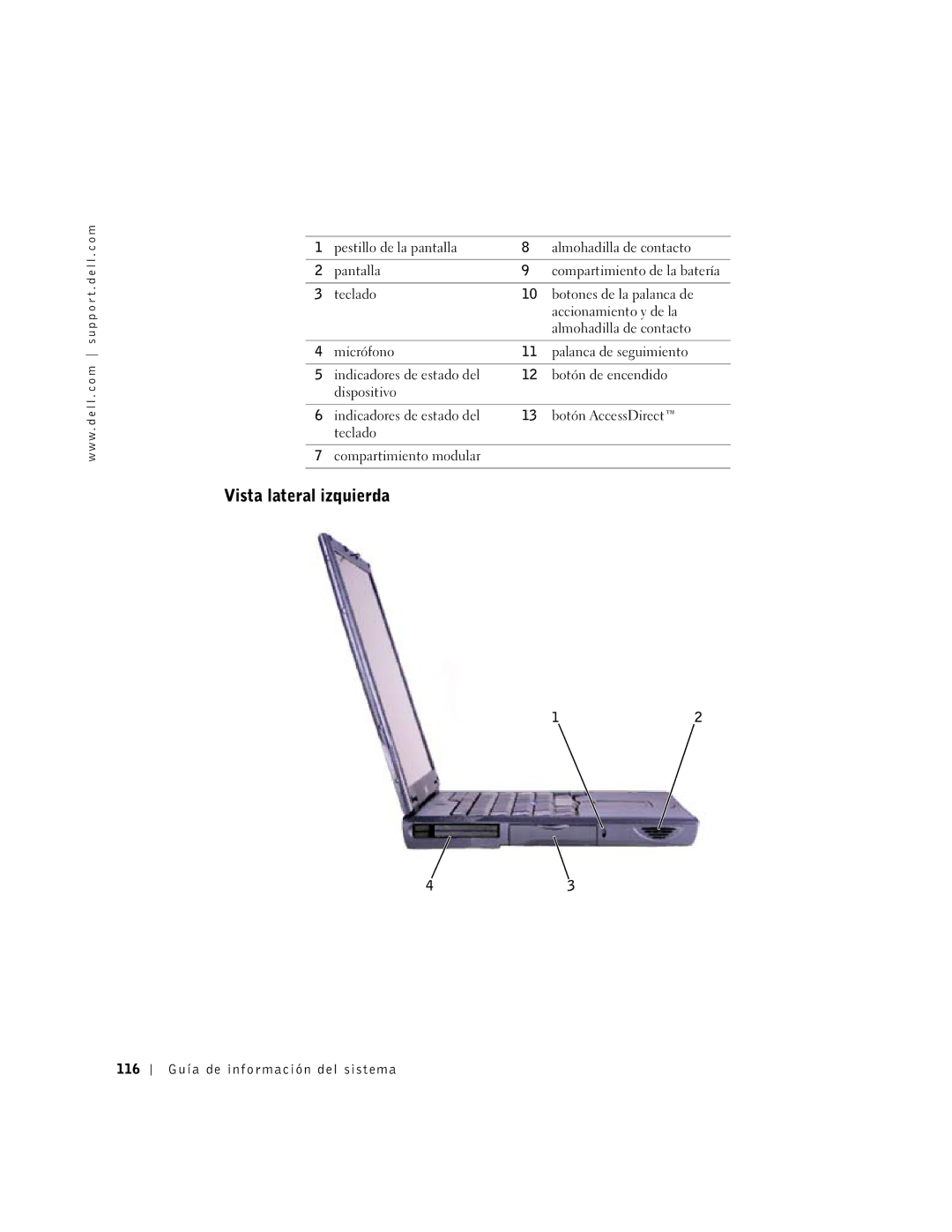 Dell C610, C510 manual Vista lateral izquierda, 116 Guía de información del sistema 