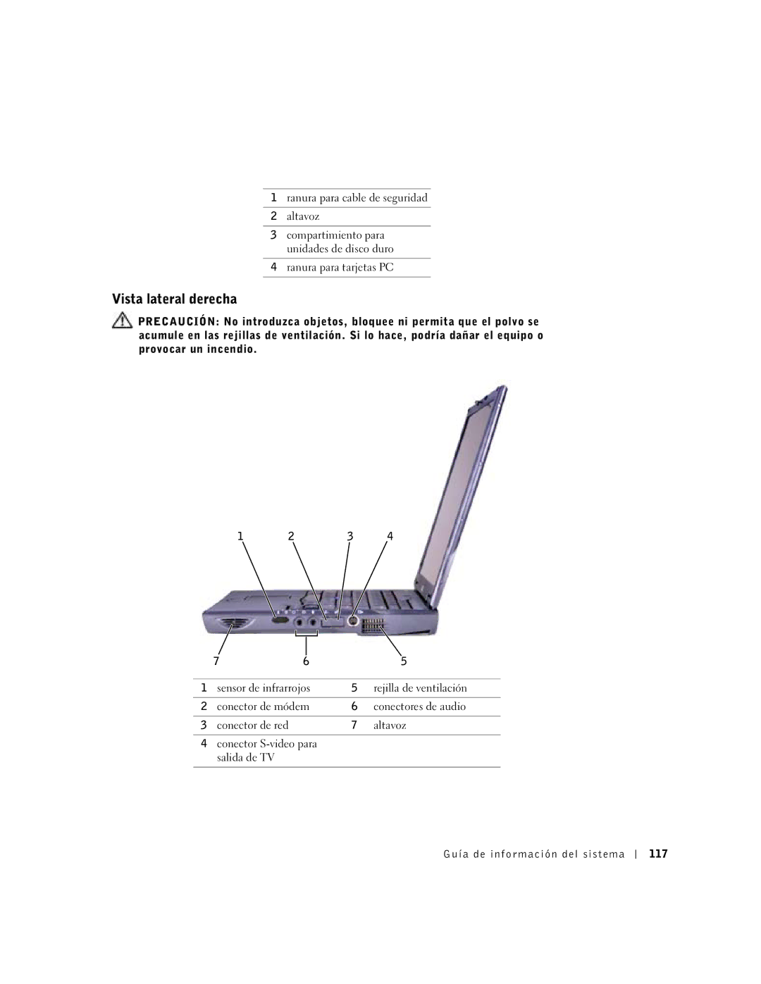 Dell C510, C610 manual Vista lateral derecha, Guía de información del sistema 117 