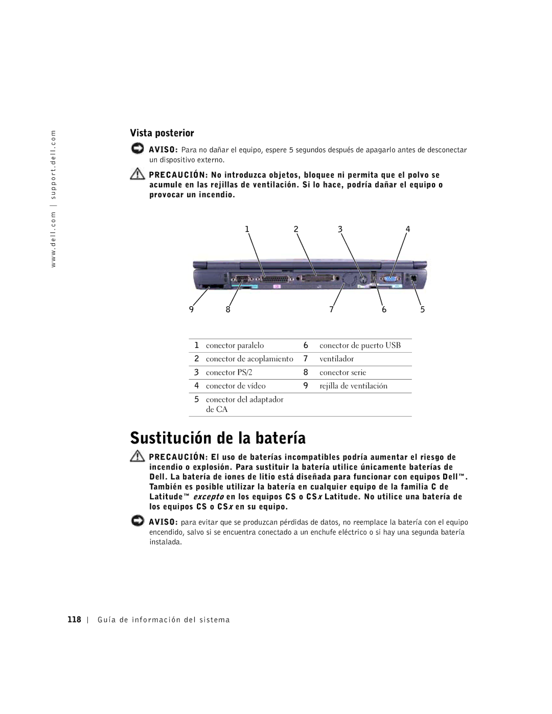 Dell C610, C510 manual Sustitución de la batería, Vista posterior 