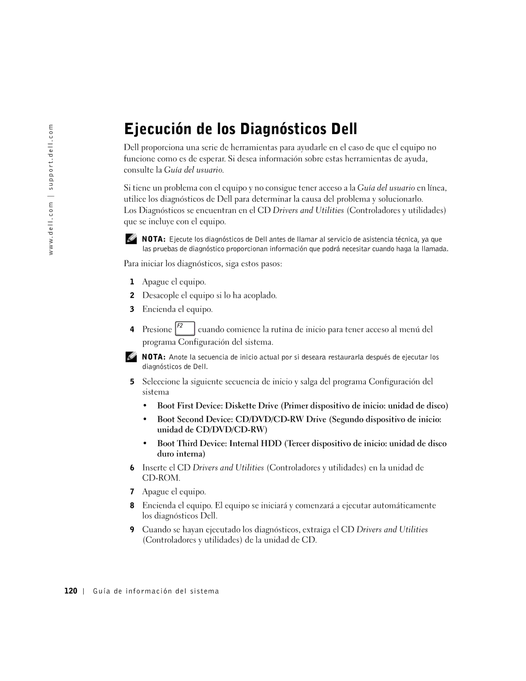 Dell C610, C510 manual Ejecución de los Diagnósticos Dell, 120 Guía de información del sistema 