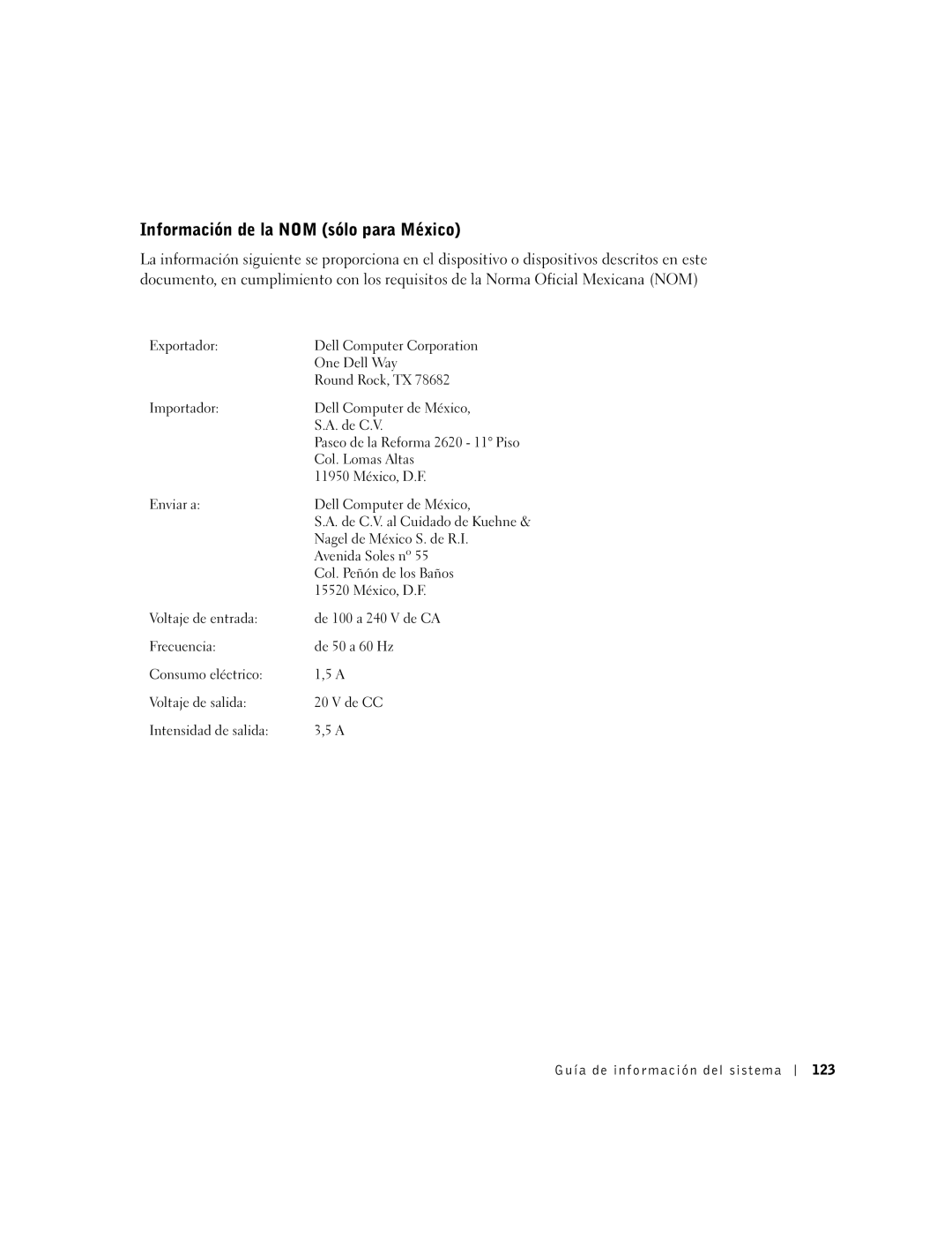 Dell C510, C610 manual Información de la NOM sólo para México, Guía de información del sistema 123 