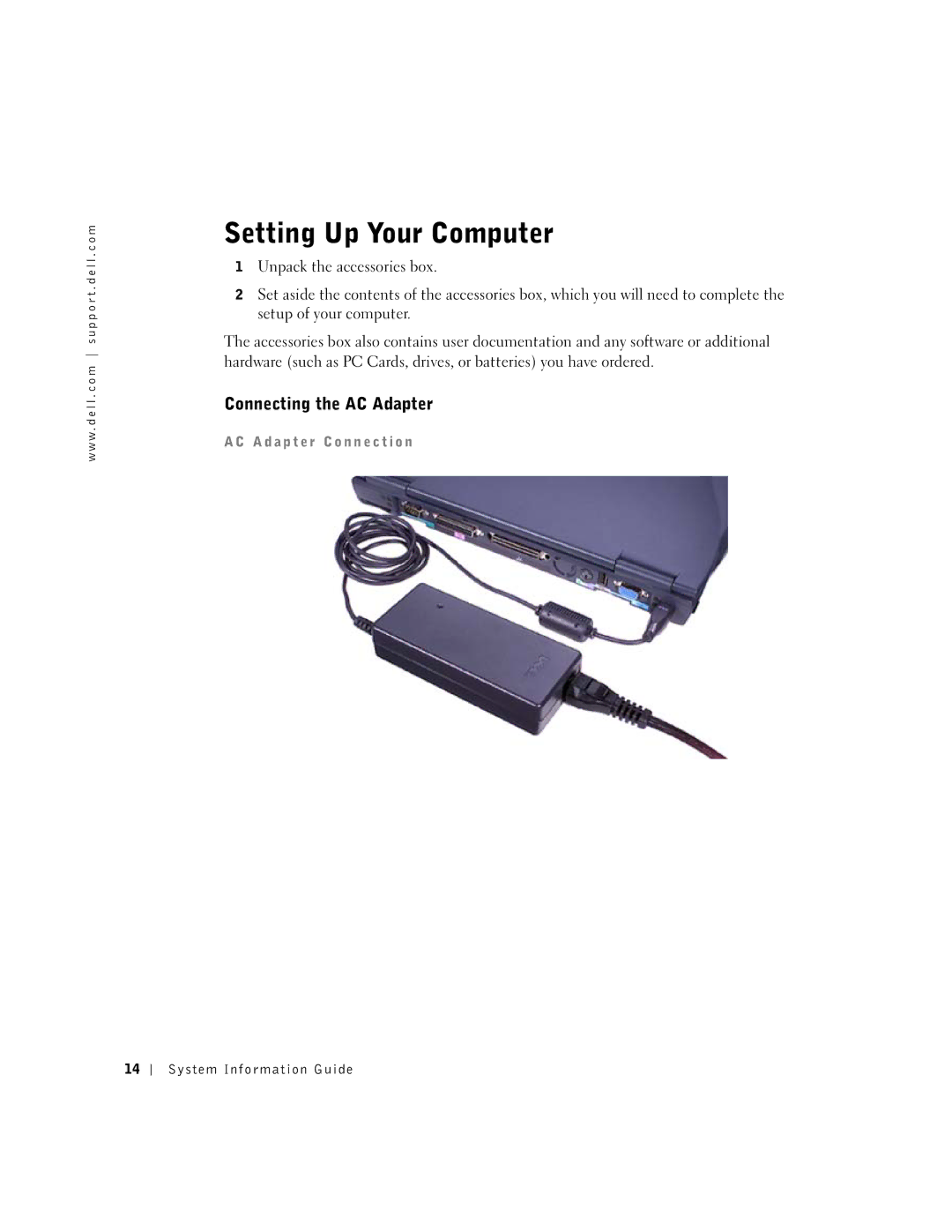 Dell C610, C510 manual Setting Up Your Computer, Connecting the AC Adapter 