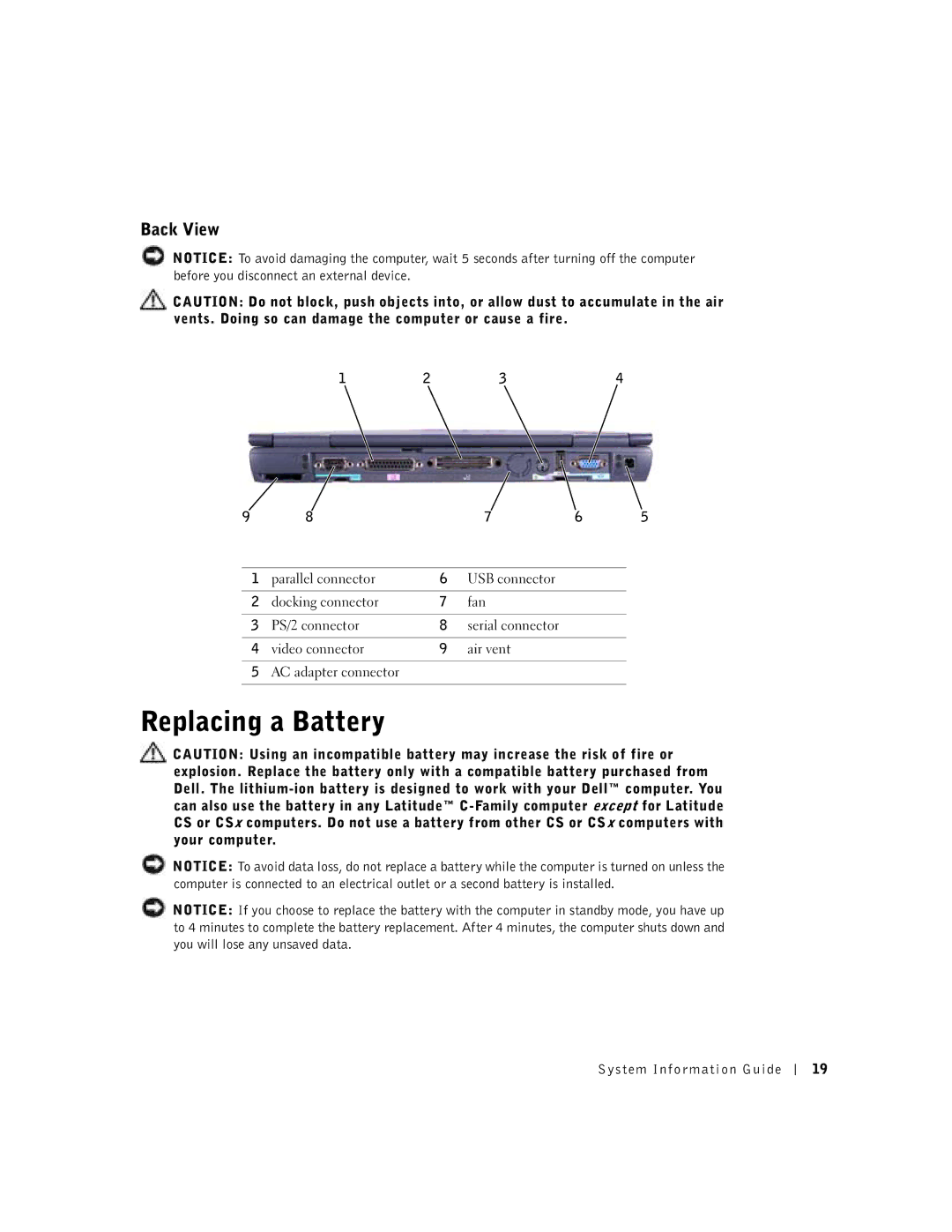 Dell C510, C610 manual Replacing a Battery, Back View, Video connector Air vent AC adapter connector 