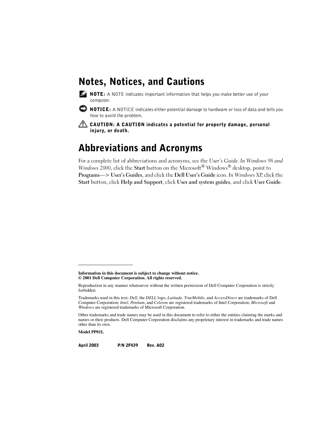 Dell C610, C510 manual Abbreviations and Acronyms 