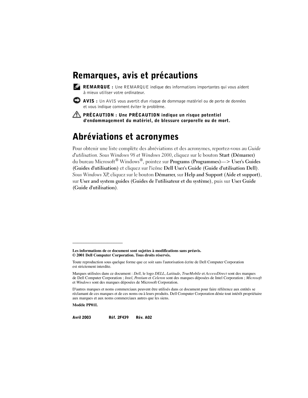 Dell C610, C510 manual Remarques, avis et précautions, Abréviations et acronymes 