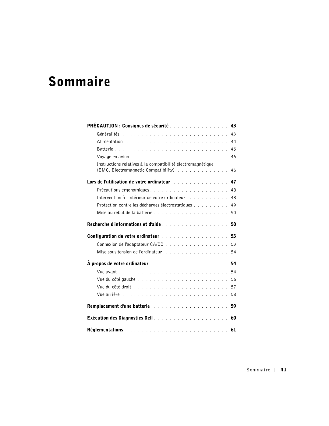 Dell C510, C610 manual Précaution Consignes de sécurité, Sommaire 