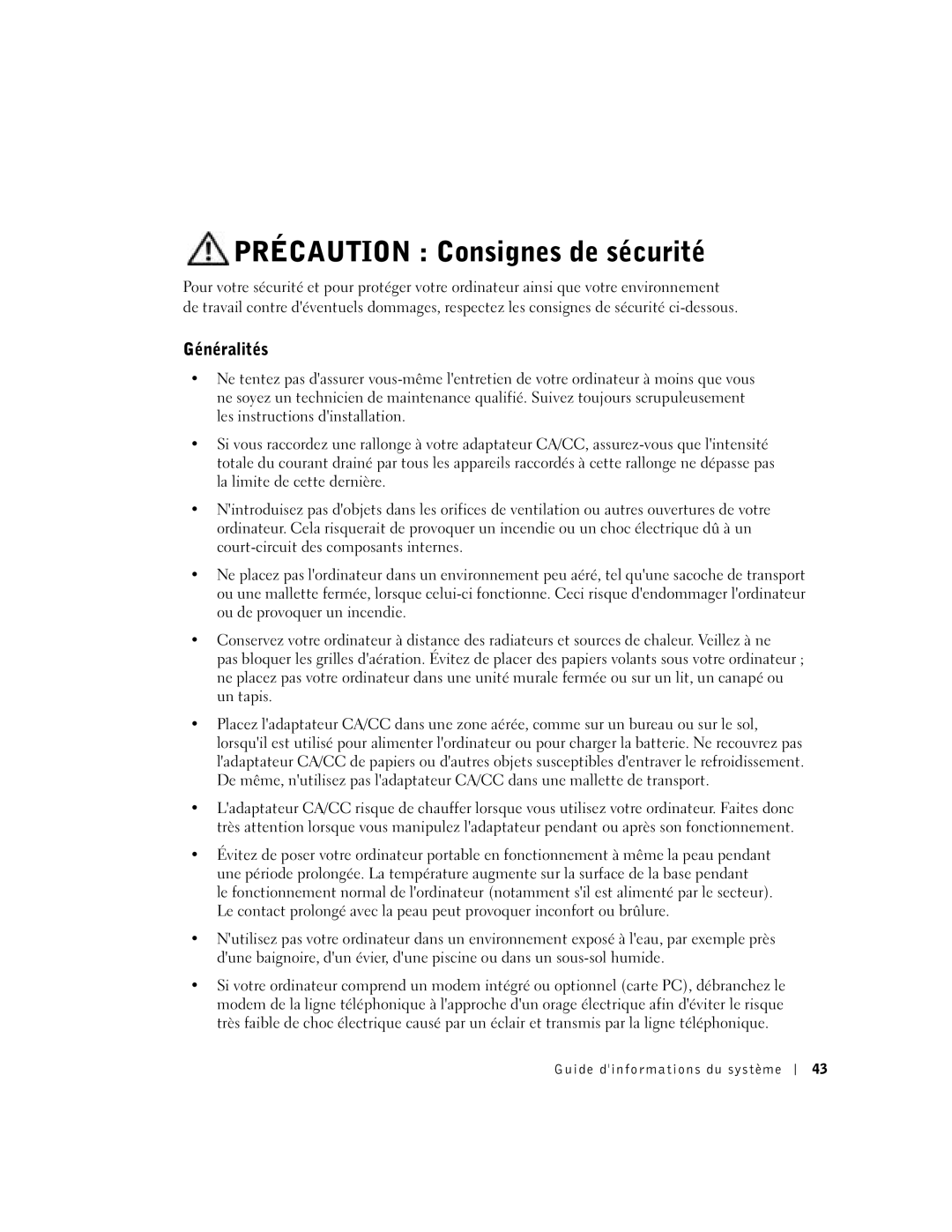 Dell C510, C610 manual Précaution Consignes de sécurité, Généralités 