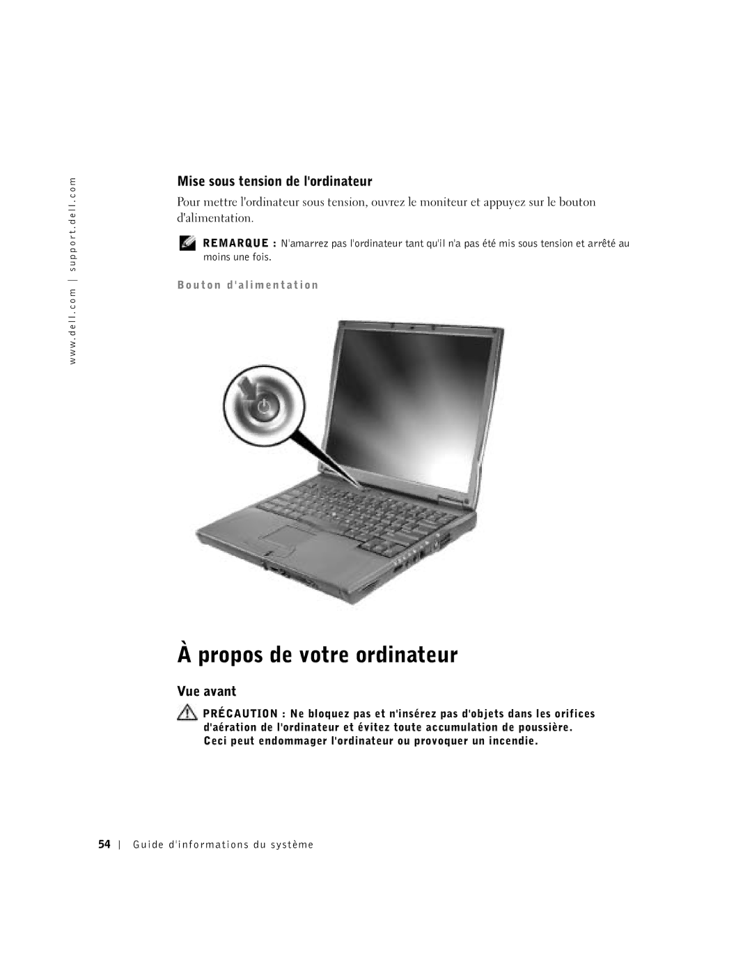 Dell C610, C510 manual Propos de votre ordinateur, Mise sous tension de lordinateur, Vue avant 