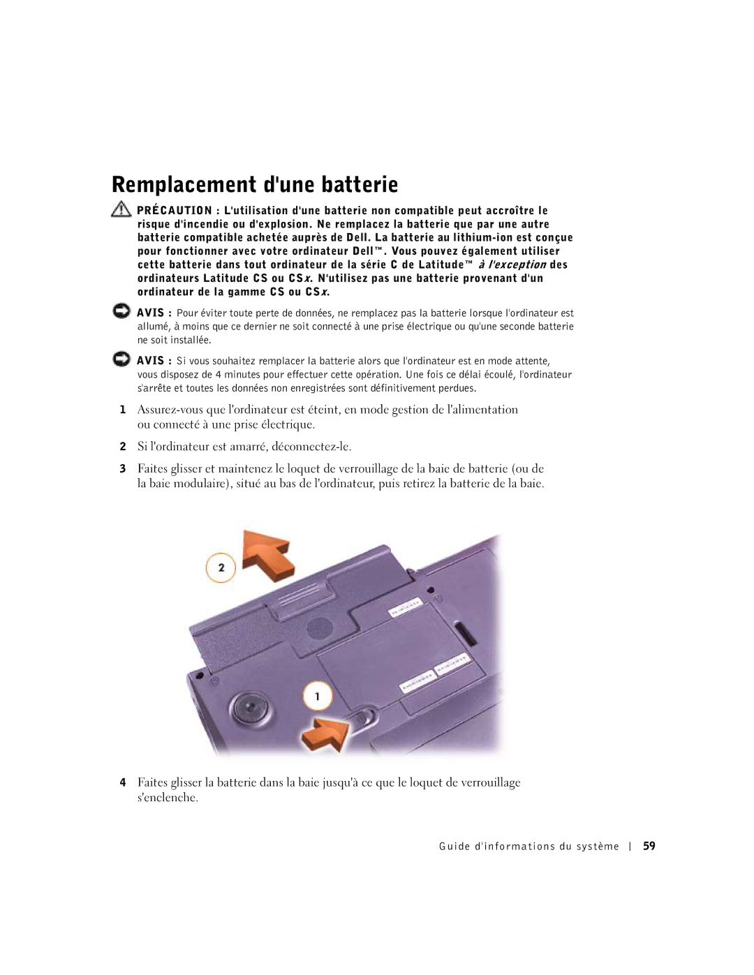 Dell C510, C610 manual Remplacement dune batterie 