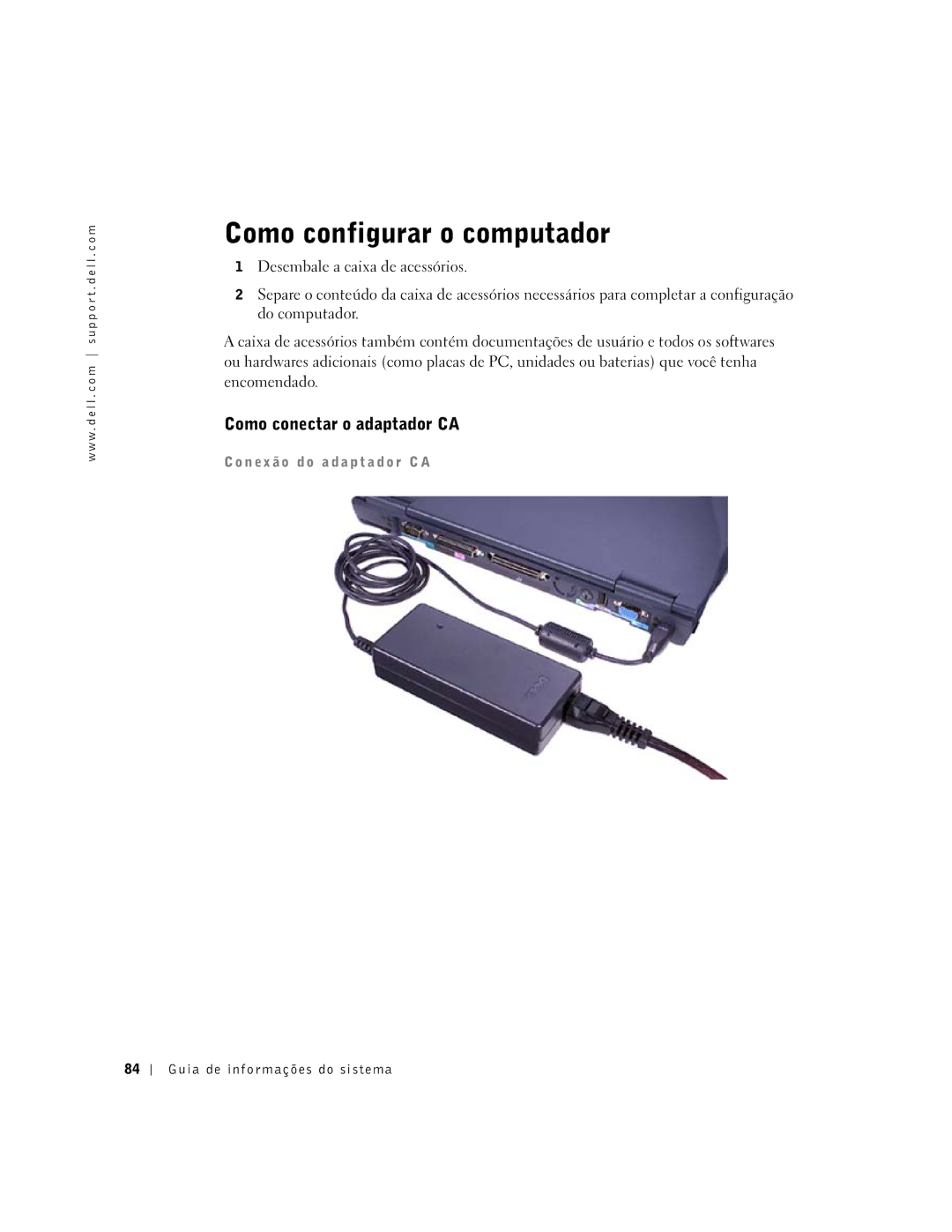 Dell C610, C510 manual Como configurar o computador, Como conectar o adaptador CA 