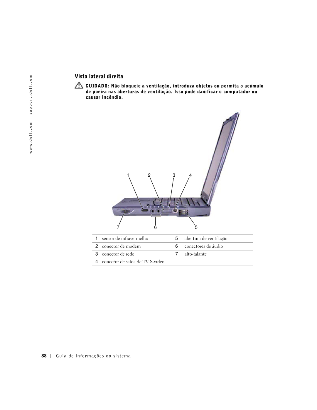 Dell C610, C510 manual Vista lateral direita, Abertura de ventilação 