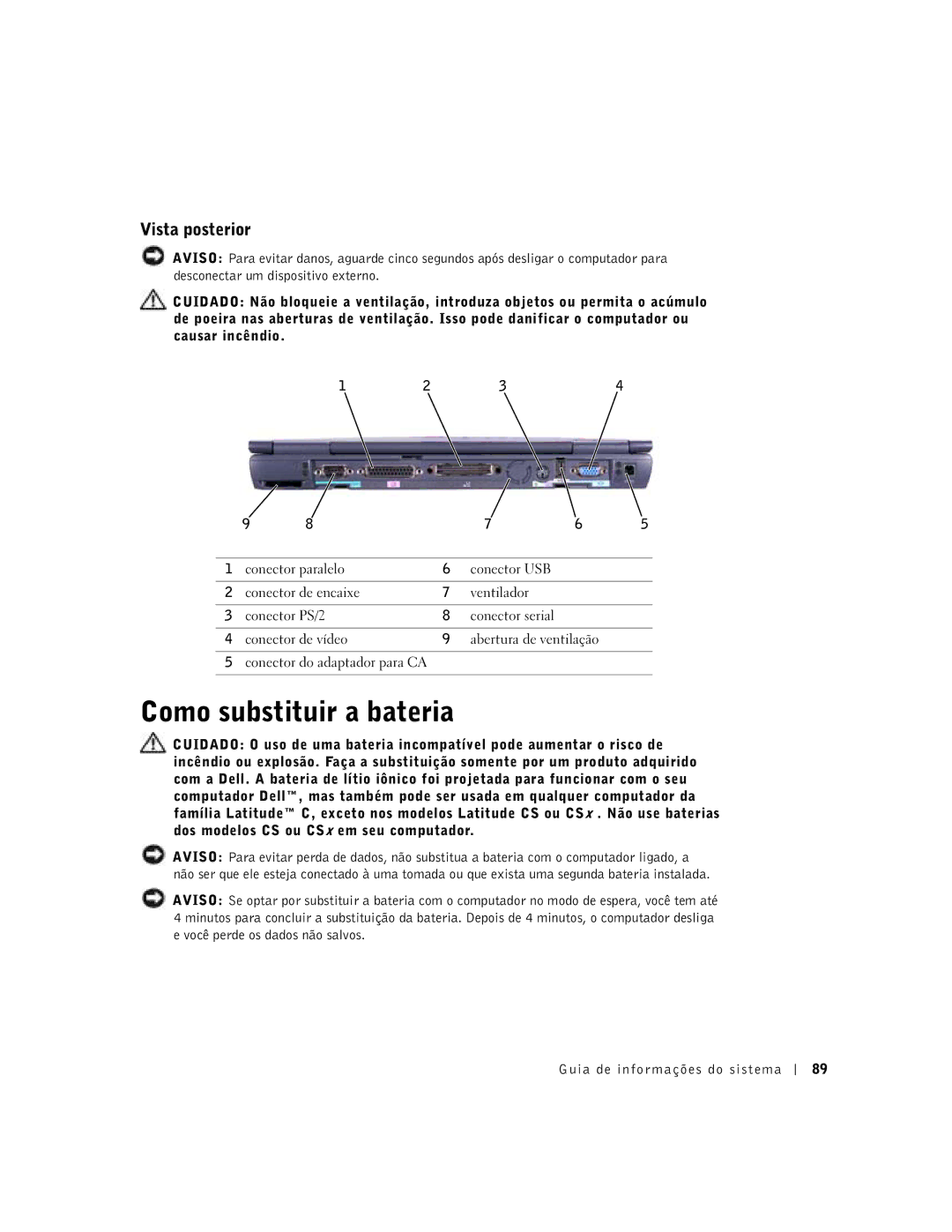 Dell C510, C610 manual Como substituir a bateria, Vista posterior, Conector de vídeo Abertura de ventilação 